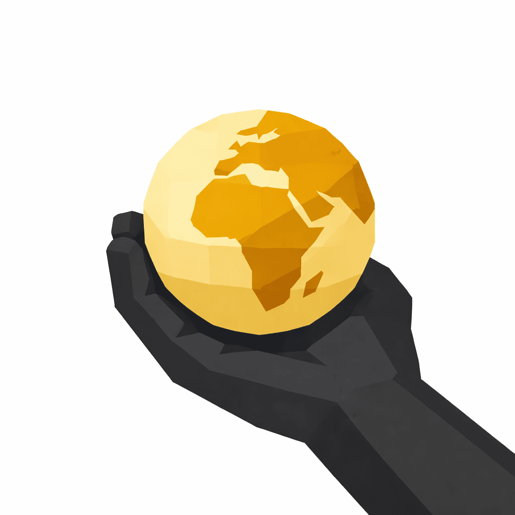 A low-poly dark hand holding a golden globe