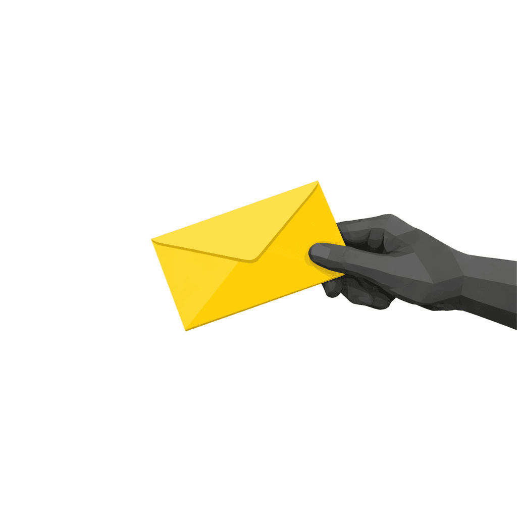 A low-poly dark hand holding a yellow envelope